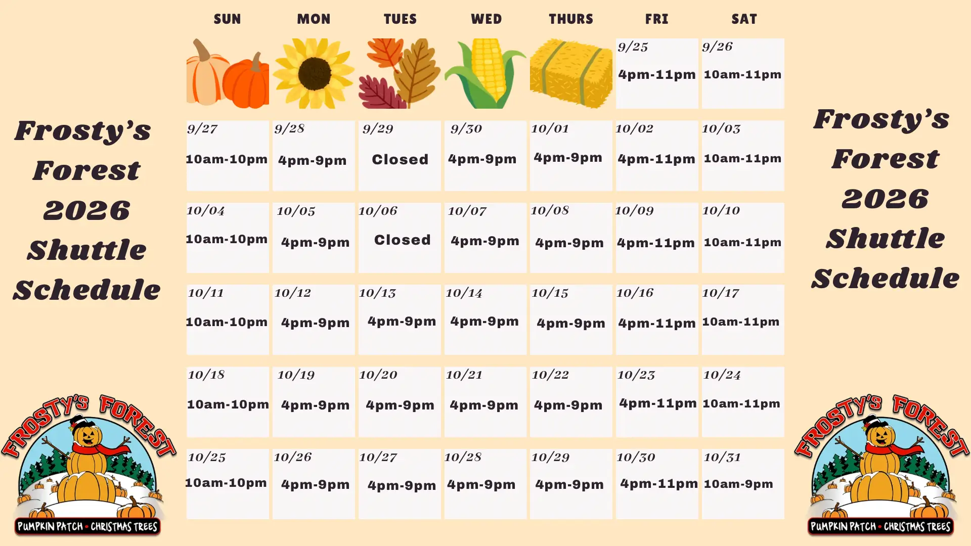 Frosty's Forest 2026 shuttle schedule
